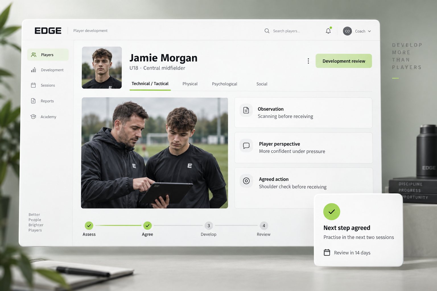 EDGE product concept: Jamie Morgan’s profile, a coach and player reviewing a tablet, observations, player perspective and an agreed next action.